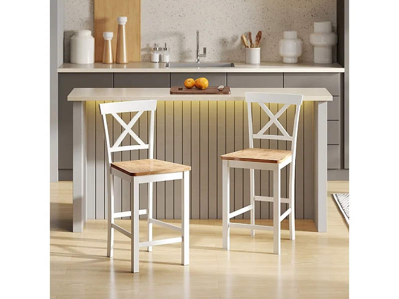 Lot de 2 chaises de cuisine en bois d'hévéa, dossier incurvé à barreaux, blanc