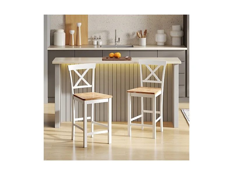 Küchenstühle 2er-Set, Kautschukholz, gebogene Sprossenlehne, Weiß