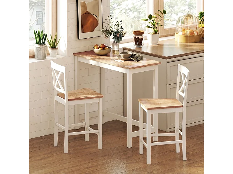 Lot de 2 chaises de cuisine en bois d'hévéa, dossier incurvé à barreaux, blanc