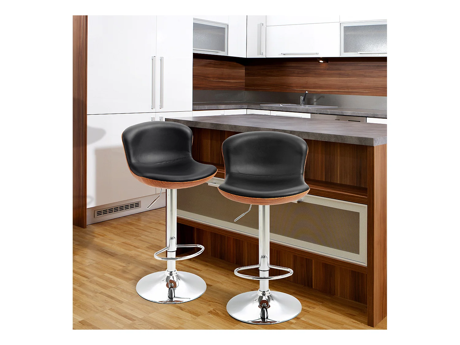 Lot de 2 tabourets de bar, réglables en hauteur, pivotants, avec repose-pieds et dossier, similicuir, noir