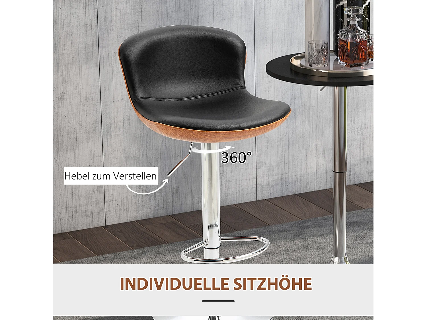 Lot de 2 tabourets de bar, réglables en hauteur, pivotants, avec repose-pieds et dossier, similicuir, noir