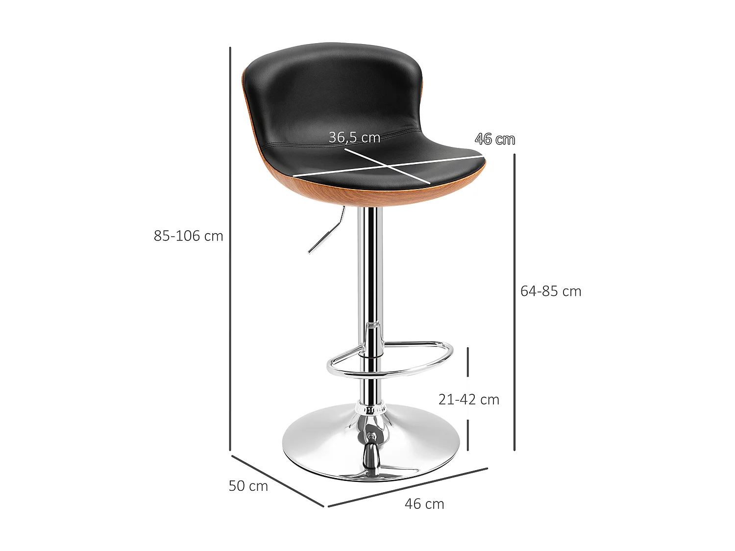 Lot de 2 tabourets de bar, réglables en hauteur, pivotants, avec repose-pieds et dossier, similicuir, noir