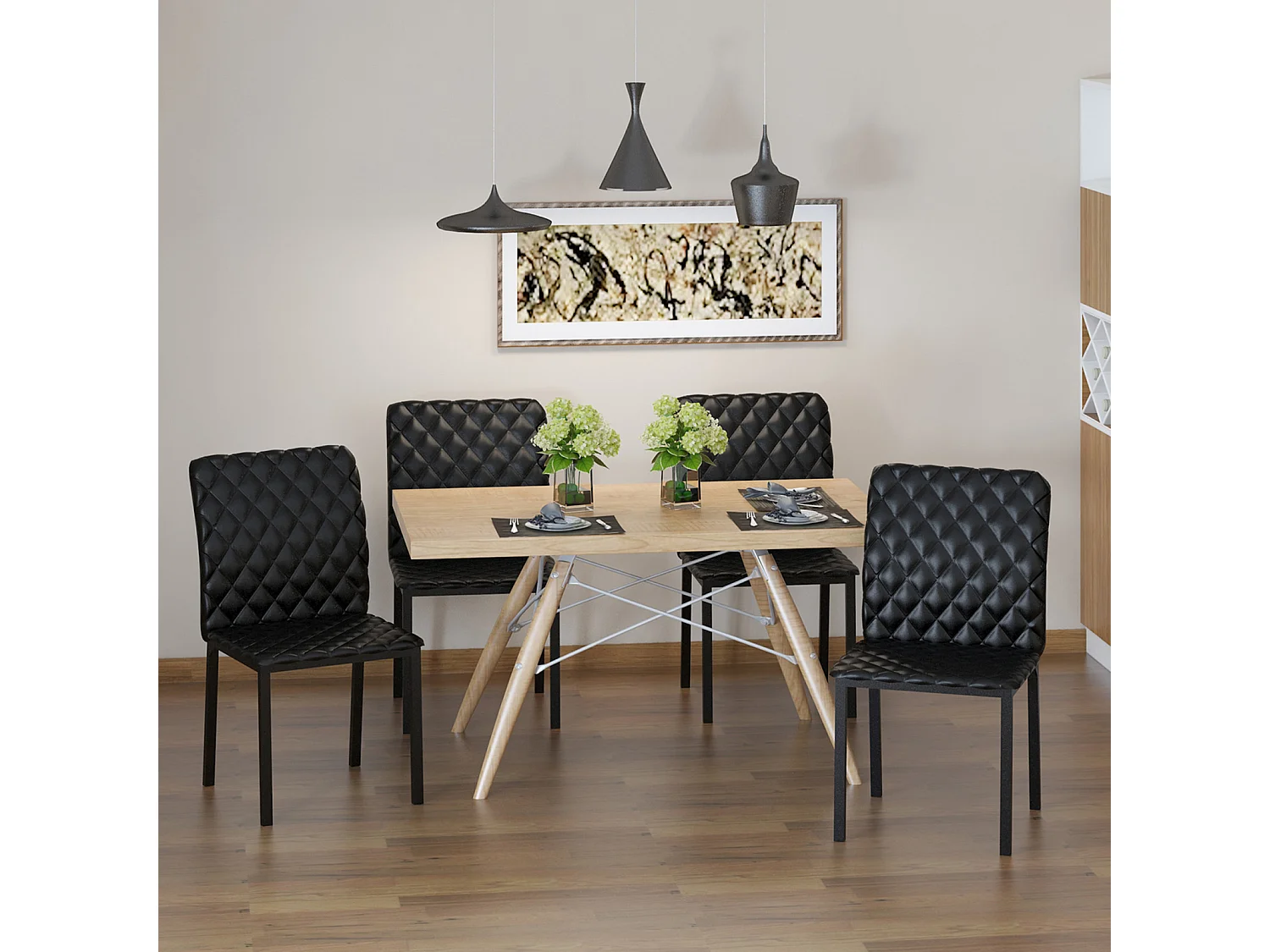Ensemble de 4 chaises de salle à manger, chaises de cuisine rembourrées avec pieds en acier, noir