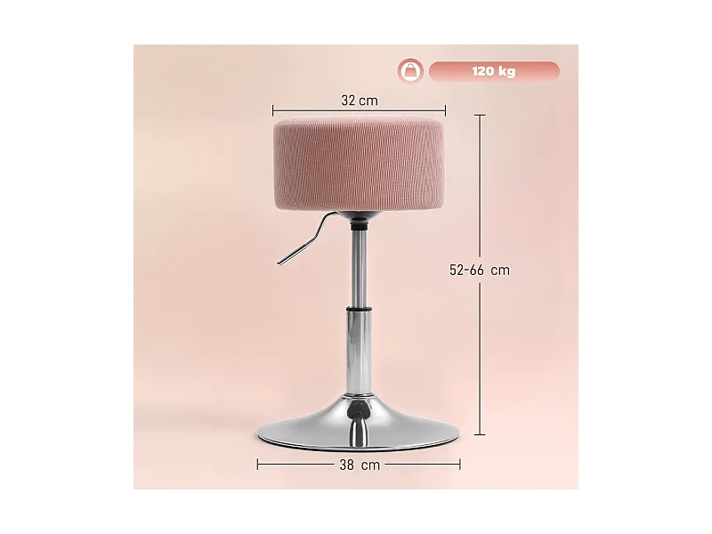 Tabouret de bar, réglable en hauteur et pivotant, rembourré, aspect velours côtelé, avec repose-pieds, structure en métal, rose