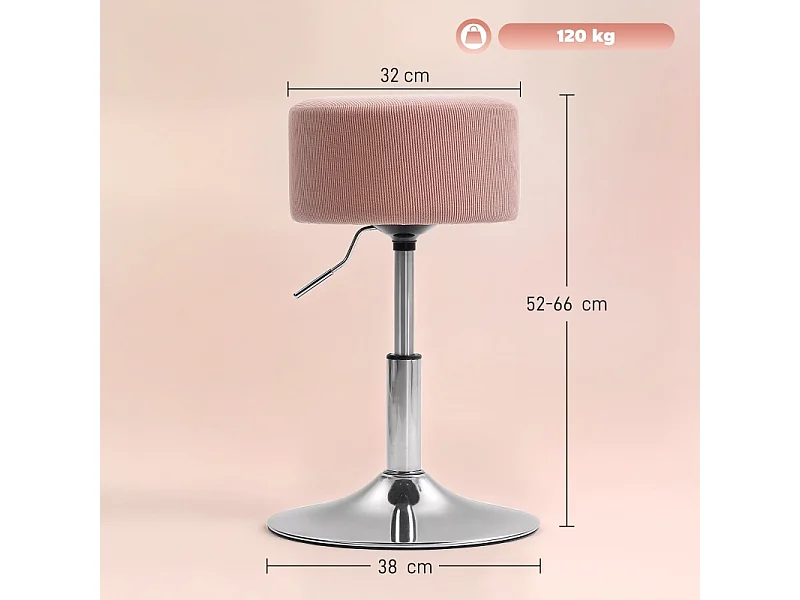 Tabouret de bar, réglable en hauteur et pivotant, rembourré, aspect velours côtelé, avec repose-pieds, structure en métal, rose