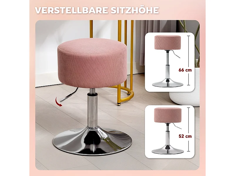 Tabouret de bar, réglable en hauteur et pivotant, rembourré, aspect velours côtelé, avec repose-pieds, structure en métal, rose