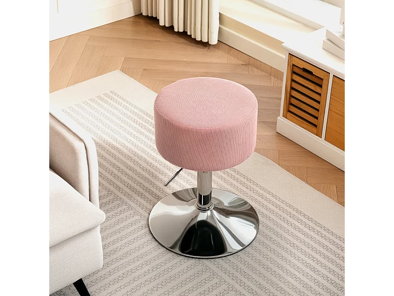 Tabouret de bar, réglable en hauteur et pivotant, rembourré, aspect velours côtelé, avec repose-pieds, structure en métal, rose