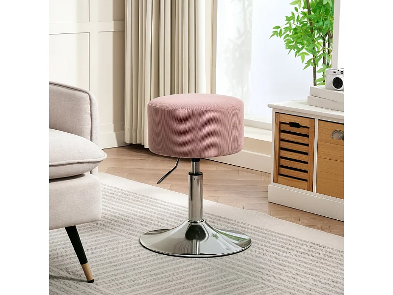 Tabouret de bar, réglable en hauteur et pivotant, rembourré, aspect velours côtelé, avec repose-pieds, structure en métal, rose