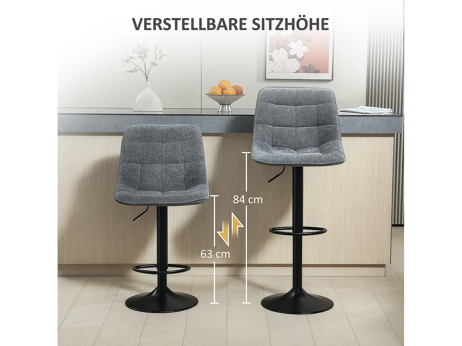 Set di 2 sgabelli da bar, regolabili in altezza e girevoli, imbottiti con schienale, effetto ciniglia, poggiapiedi, grigio scuro