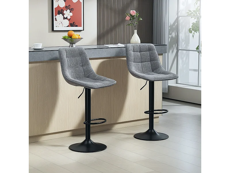 Lot de 2 tabourets de bar, réglables en hauteur et pivotants, rembourrés avec dossier, aspect chenille, repose-pieds, gris foncé
