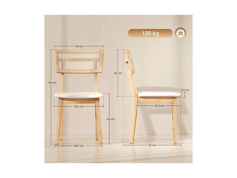 Silla de comedor, con respaldo de ratán, asiento de símil piel, madera de caucho, madera natural.