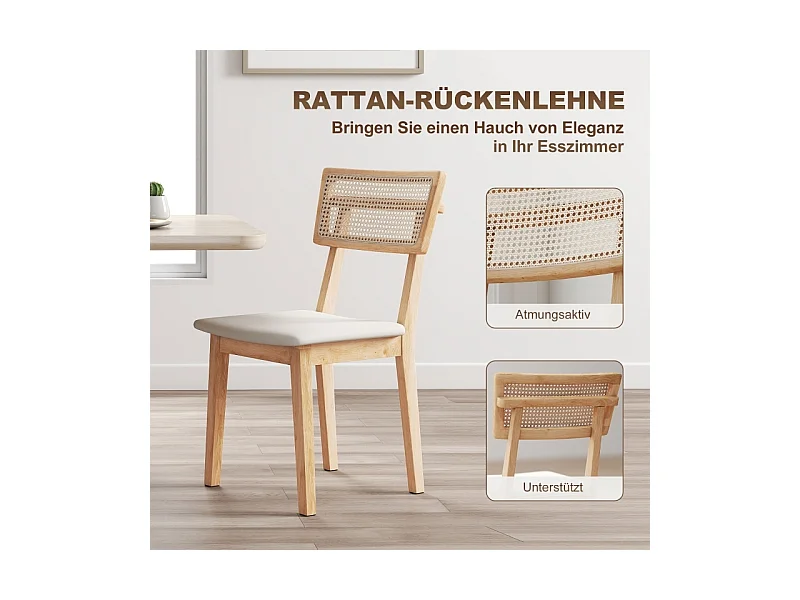 Silla de comedor, con respaldo de ratán, asiento de símil piel, madera de caucho, madera natural.