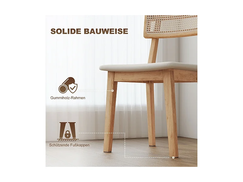 Silla de comedor, con respaldo de ratán, asiento de símil piel, madera de caucho, madera natural.