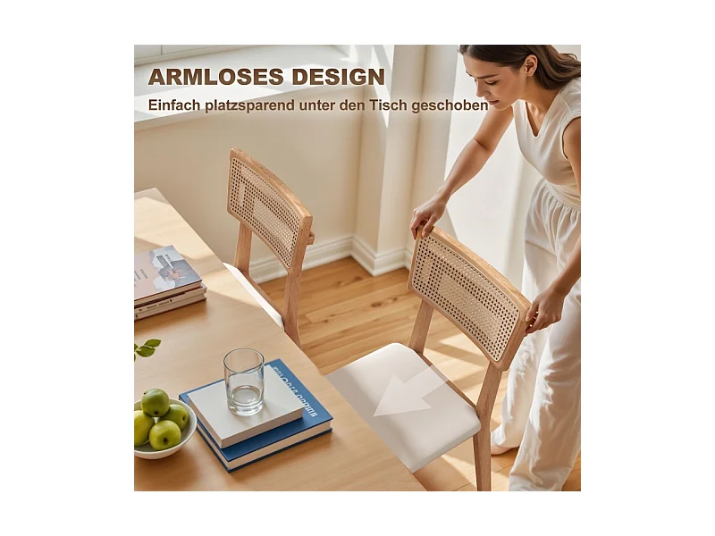 Silla de comedor, con respaldo de ratán, asiento de símil piel, madera de caucho, madera natural.