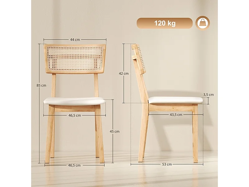 Chaise de salle à manger, avec dossier en rotin, assise en similicuir, bois d'hévéa, bois naturel