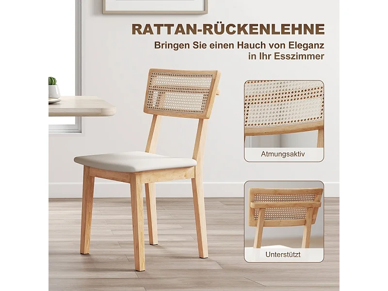 Chaise de salle à manger, avec dossier en rotin, assise en similicuir, bois d'hévéa, bois naturel
