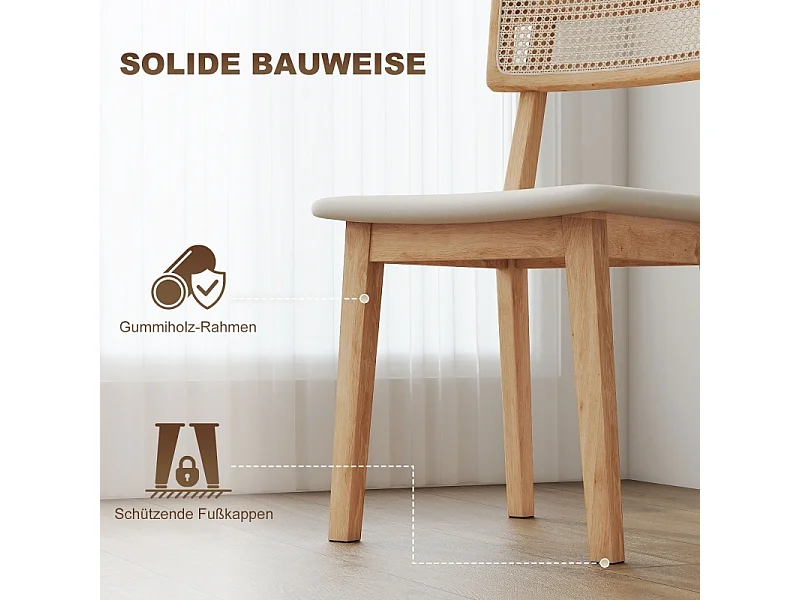 Chaise de salle à manger, avec dossier en rotin, assise en similicuir, bois d'hévéa, bois naturel