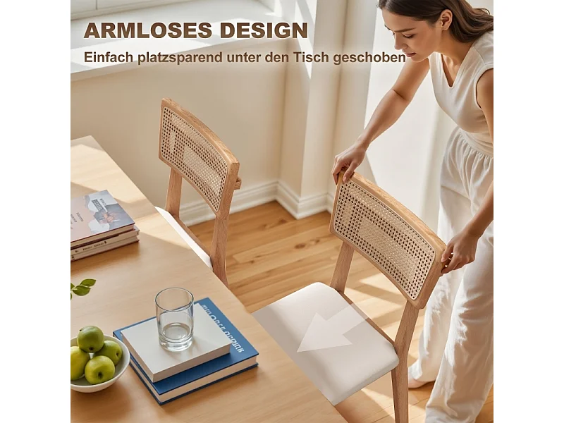 Chaise de salle à manger, avec dossier en rotin, assise en similicuir, bois d'hévéa, bois naturel