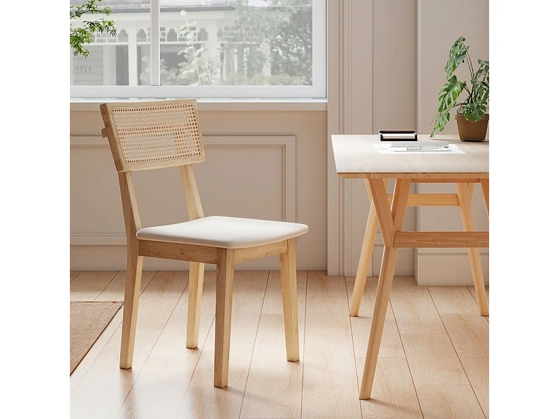 Chaise de salle à manger, avec dossier en rotin, assise en similicuir, bois d'hévéa, bois naturel