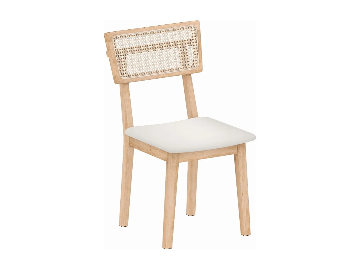 Chaise de salle à manger, avec dossier en rotin, assise en similicuir, bois d'hévéa, bois naturel