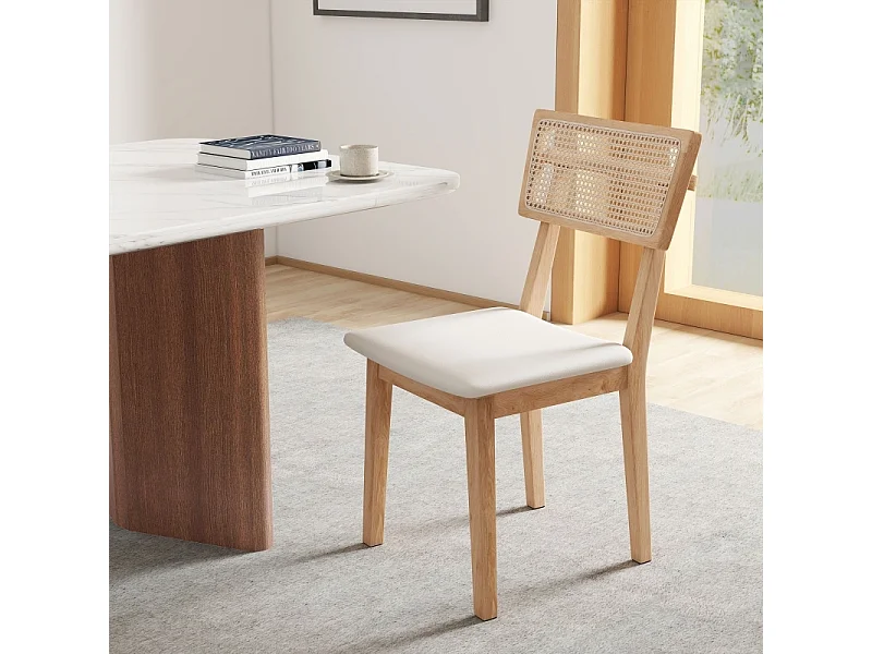 Chaise de salle à manger, avec dossier en rotin, assise en similicuir, bois d'hévéa, bois naturel