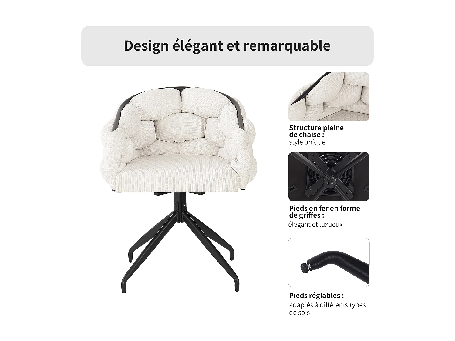 Ensemble de 6 chaises de salle à manger en velours de luxe, chaise pivotante, rotative à 360°, chaises de salle à manger avec dossier, beige