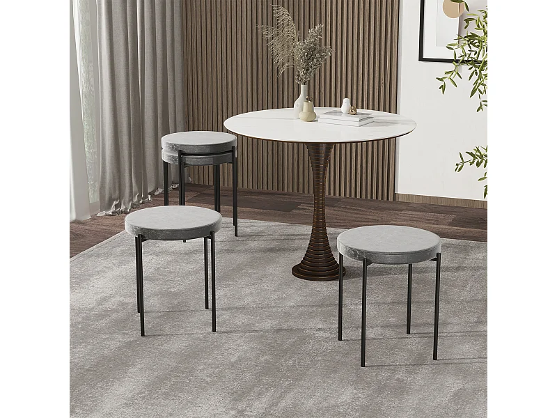 Ensemble de 4 tabourets de salle à manger, empilables, assise rembourrée aspect velours, structure en métal, gris, hauteur 46 cm