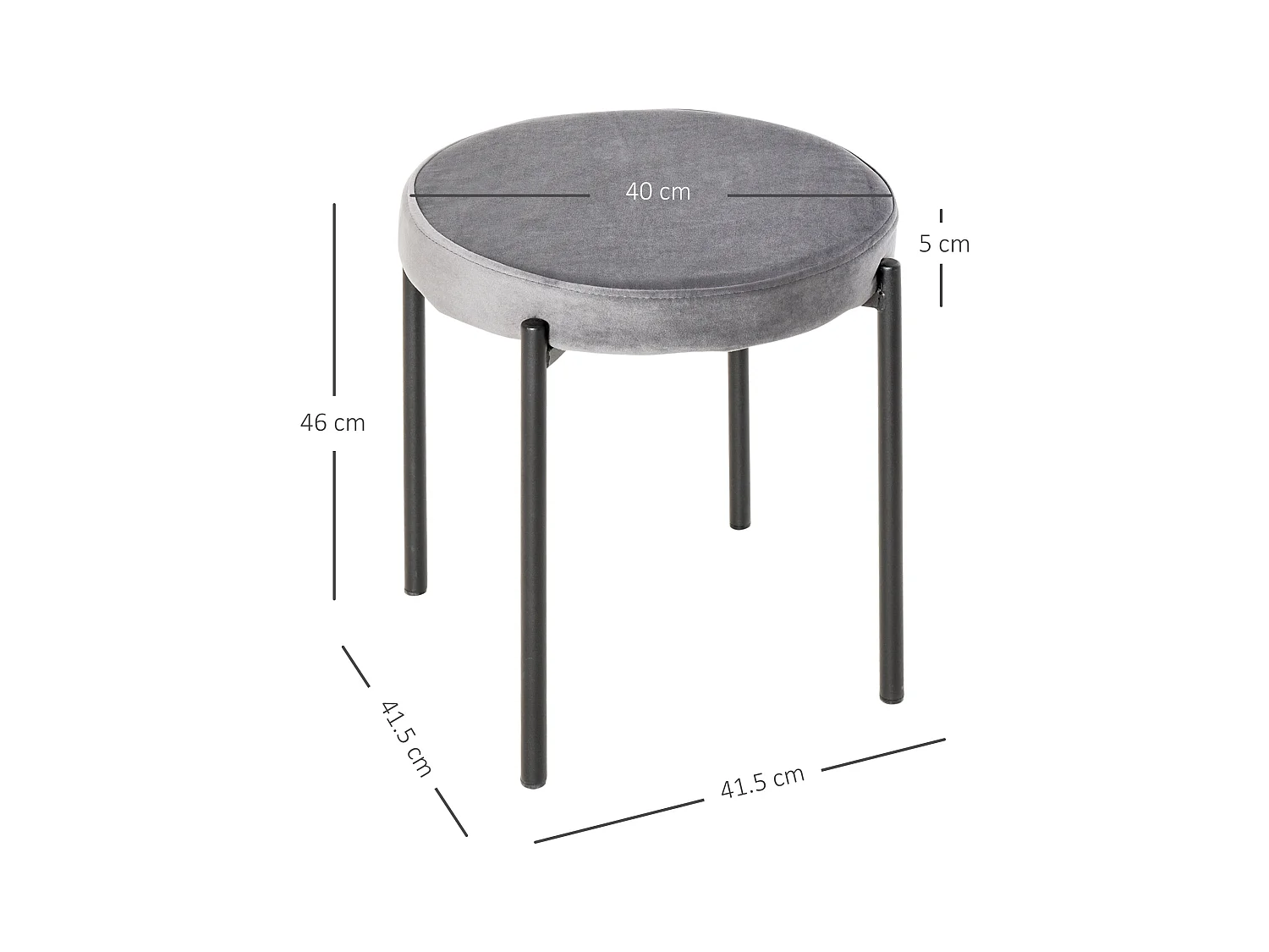 Ensemble de 4 tabourets de salle à manger, empilables, assise rembourrée aspect velours, structure en métal, gris, hauteur 46 cm