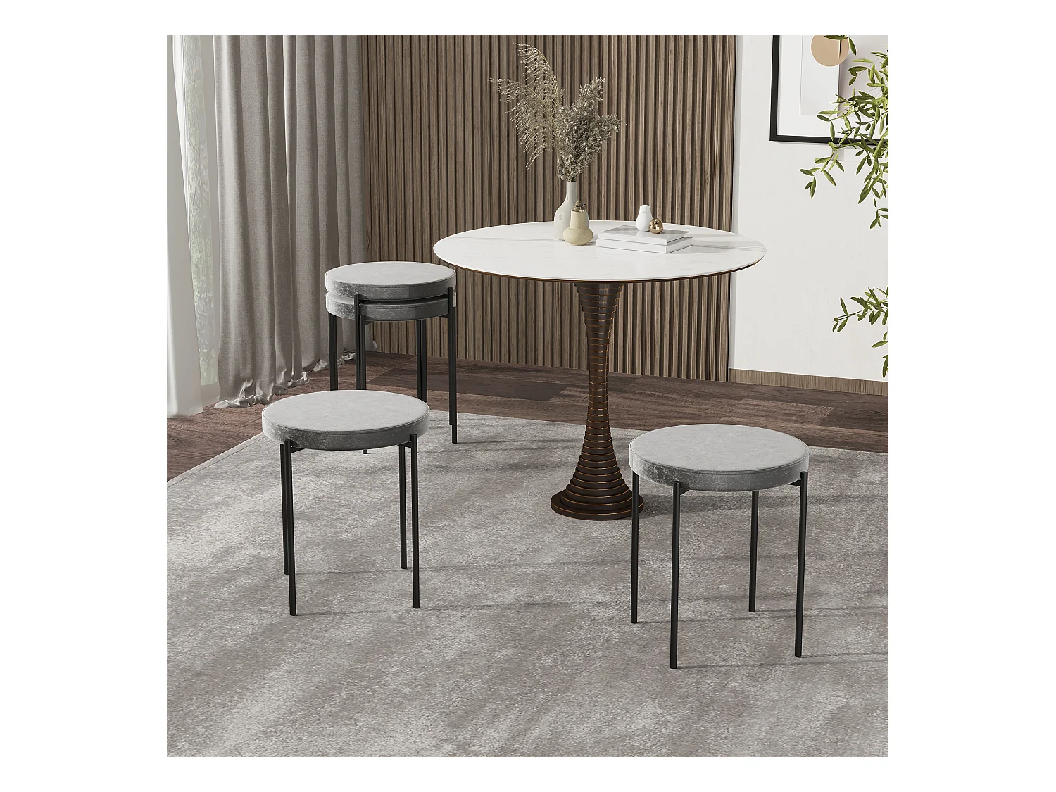 Ensemble de 4 tabourets de salle à manger, empilables, assise rembourrée aspect velours, structure en métal, gris, hauteur 46 cm
