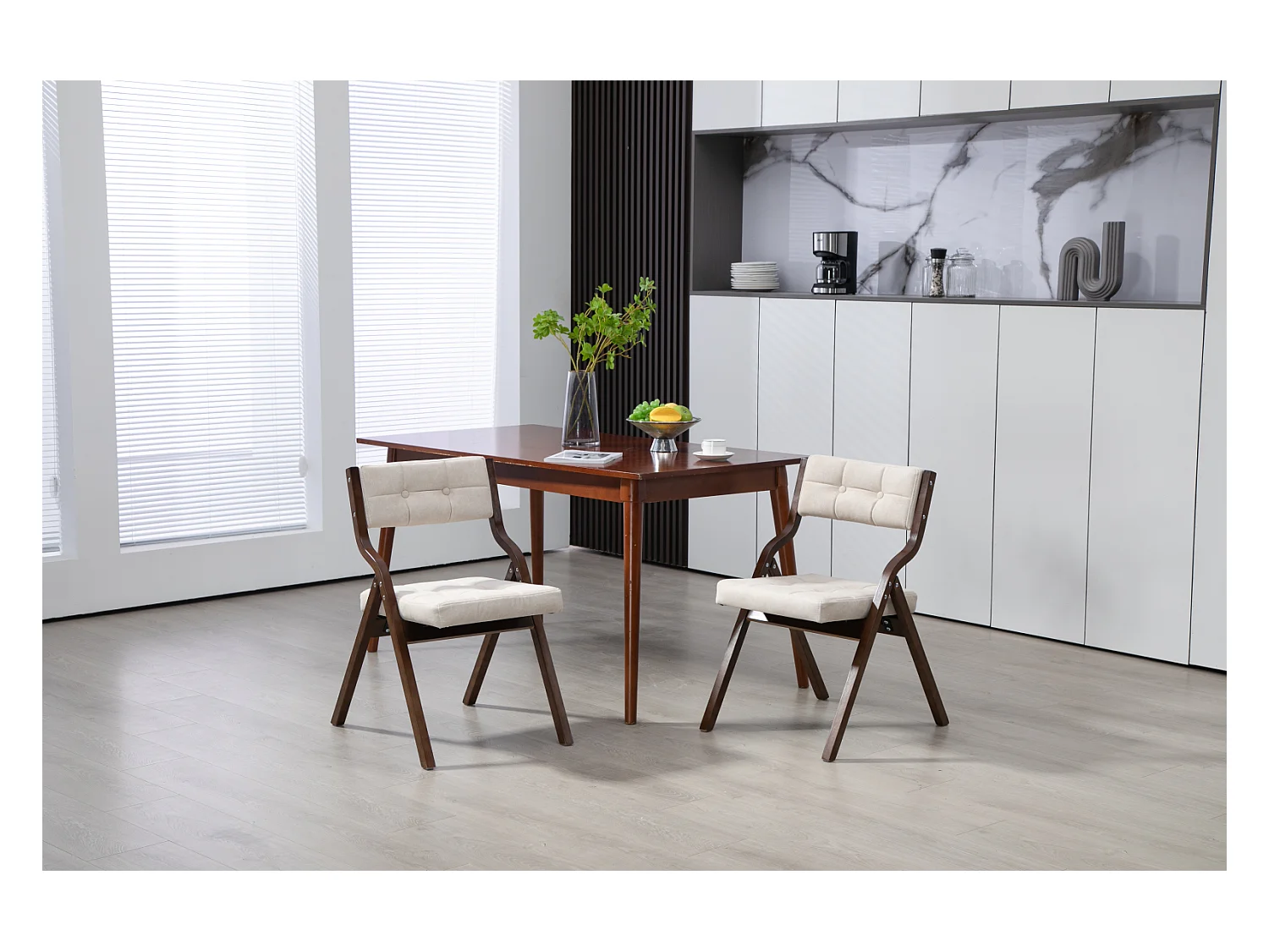 Chaise pliante avec coussin, lot de 2, structure en bois, assemblée, pour cuisine, bureau, invités, crème