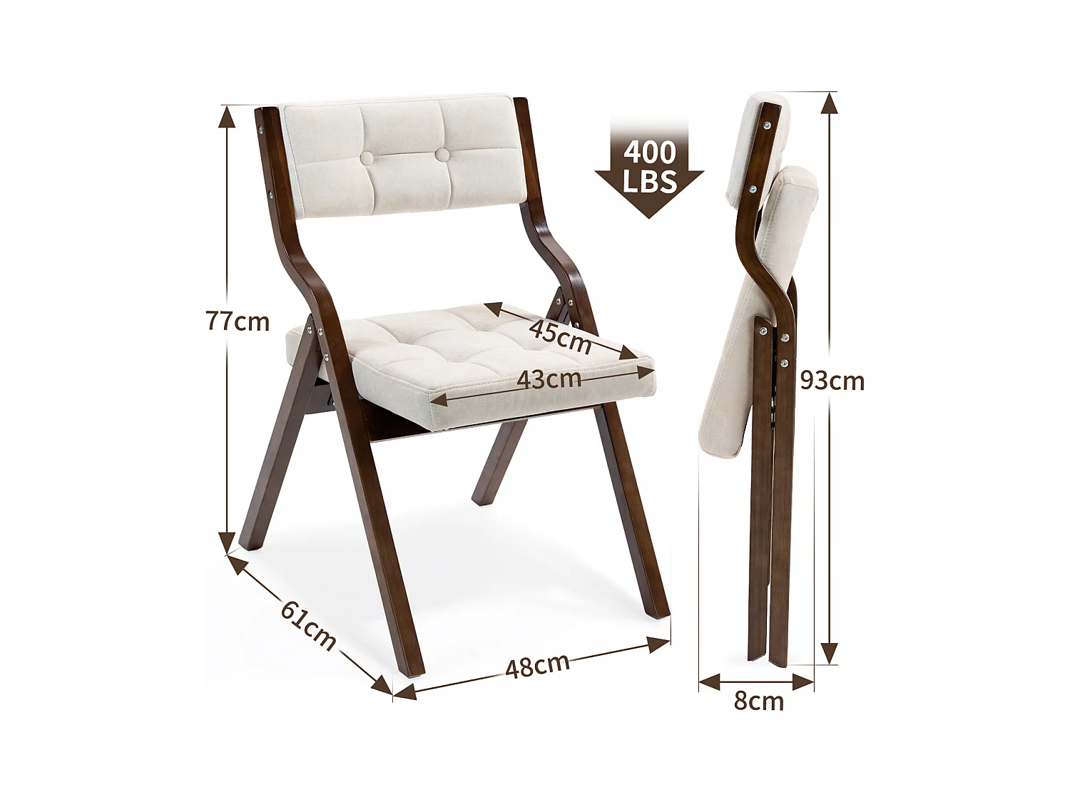 Chaise pliante avec coussin, lot de 2, structure en bois, assemblée, pour cuisine, bureau, invités, crème