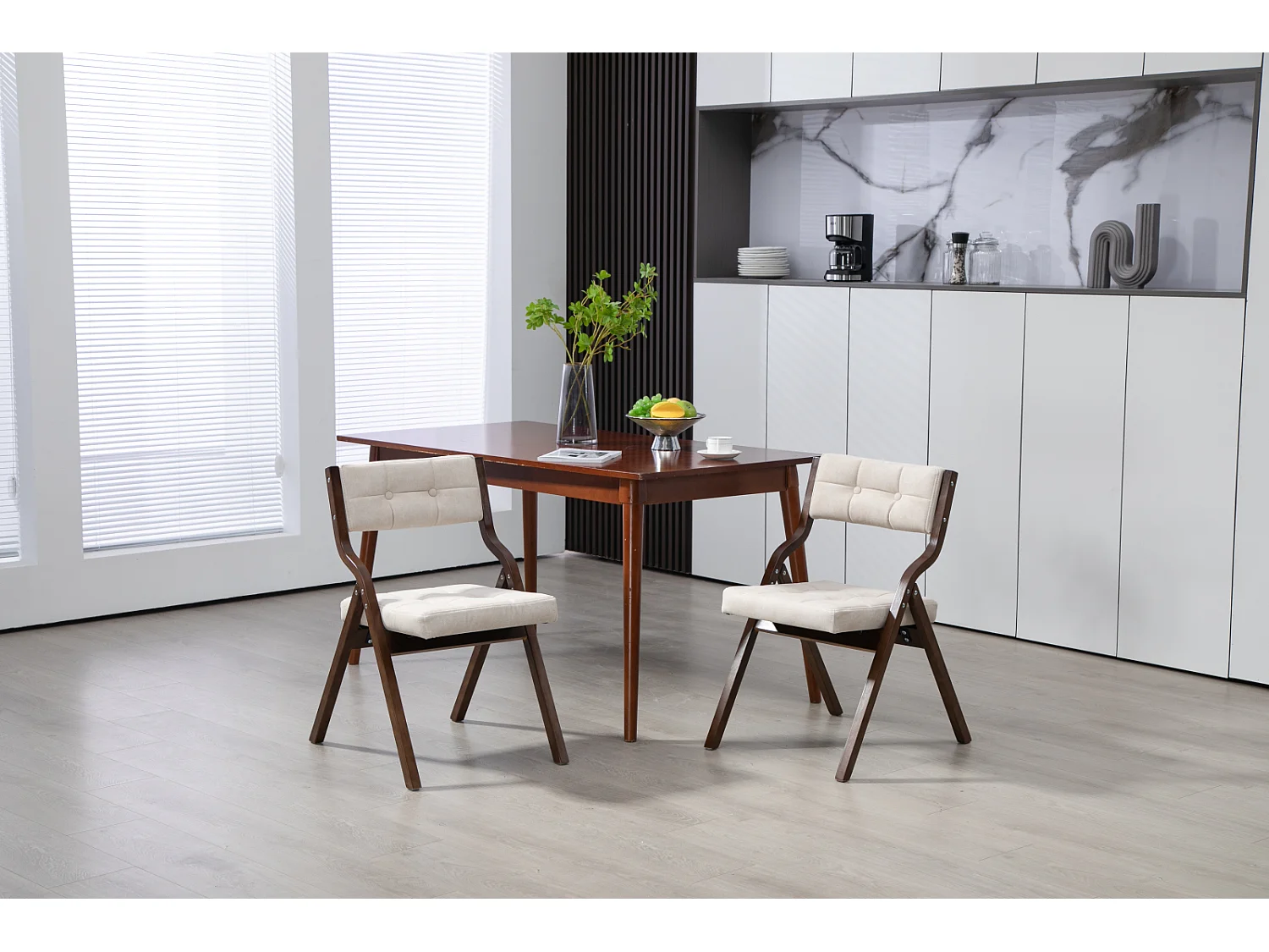 Chaise pliante avec coussin, lot de 2, structure en bois, assemblée, pour cuisine, bureau, invités, crème