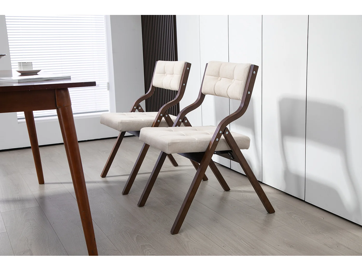 Chaise pliante avec coussin, lot de 2, structure en bois, assemblée, pour cuisine, bureau, invités, crème