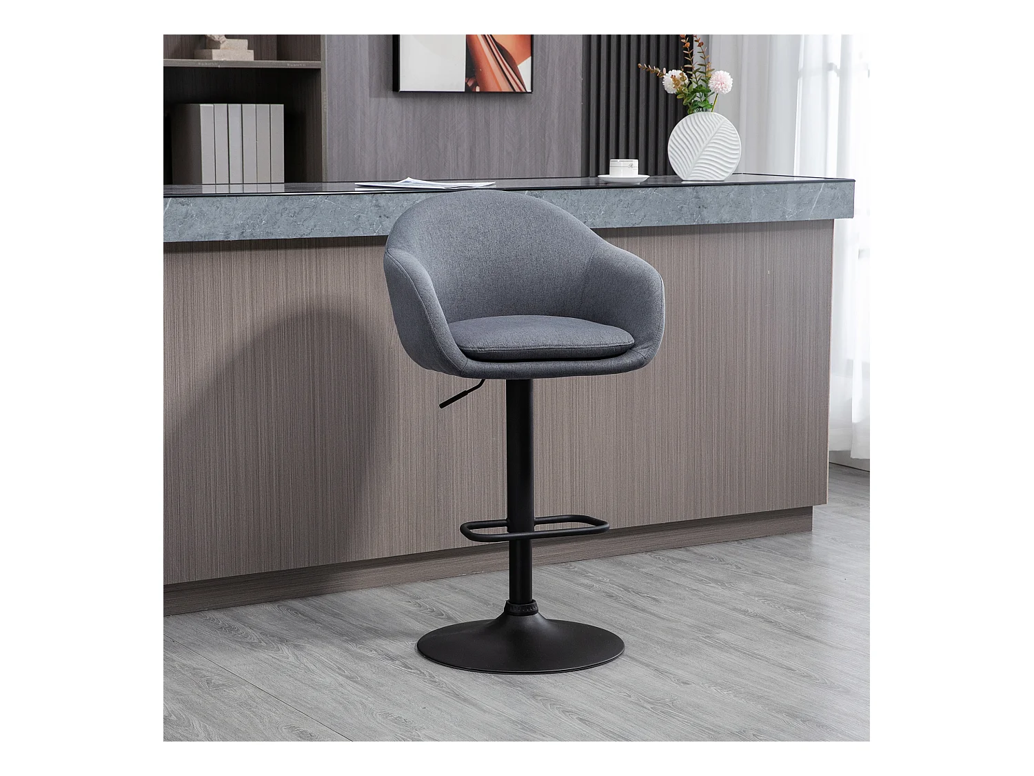 Tabouret de bar, réglable en hauteur, avec dossier et repose-pieds, aspect lin, hauteur 112 cm, gris