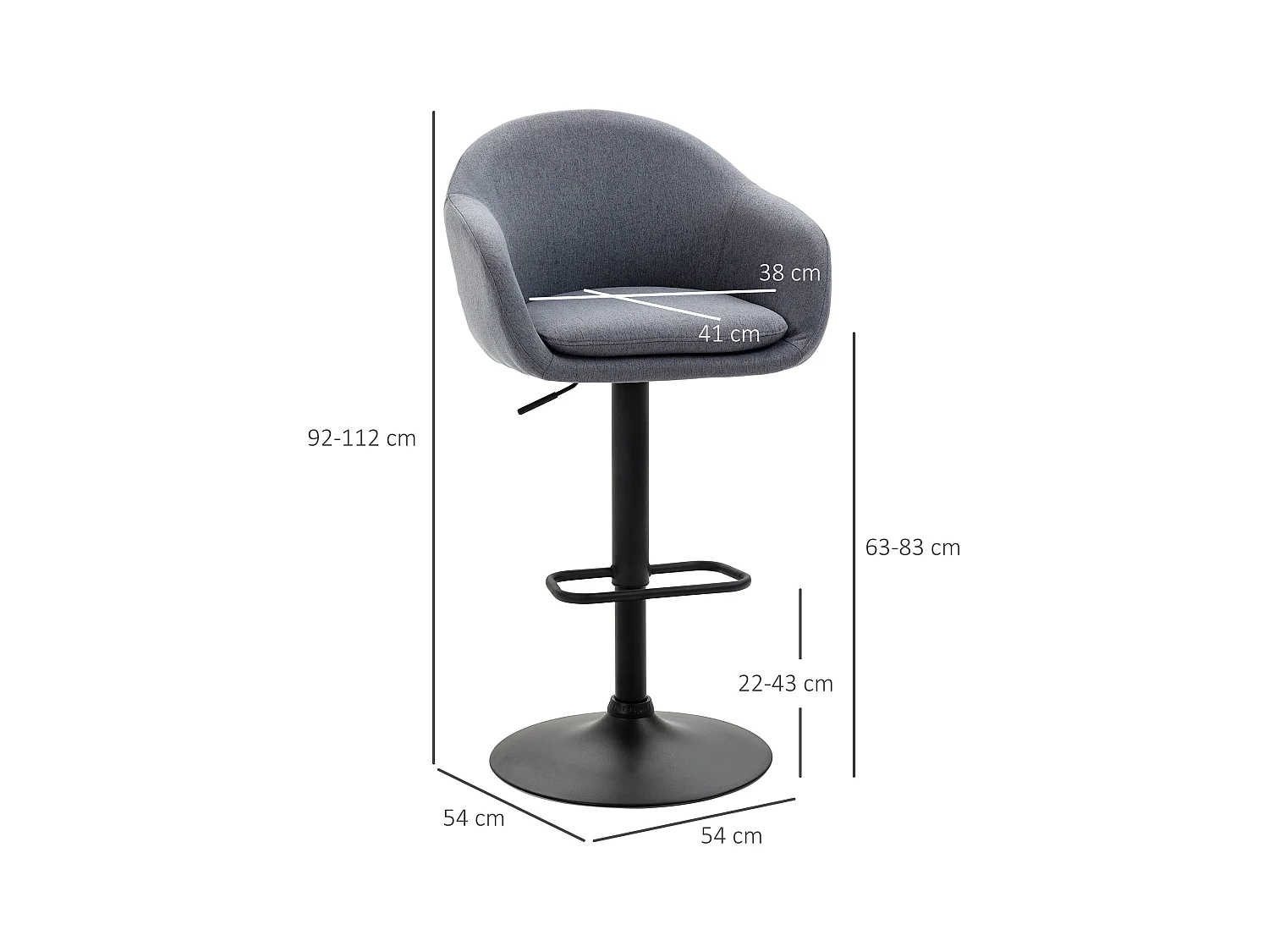 Tabouret de bar, réglable en hauteur, avec dossier et repose-pieds, aspect lin, hauteur 112 cm, gris