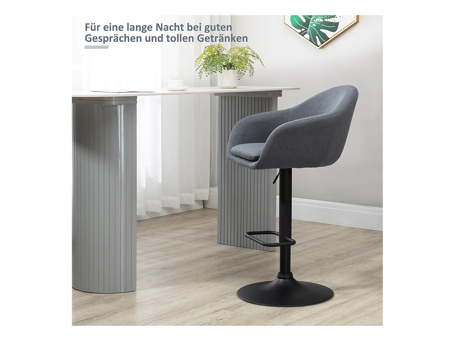 Tabouret de bar, réglable en hauteur, avec dossier et repose-pieds, aspect lin, hauteur 112 cm, gris