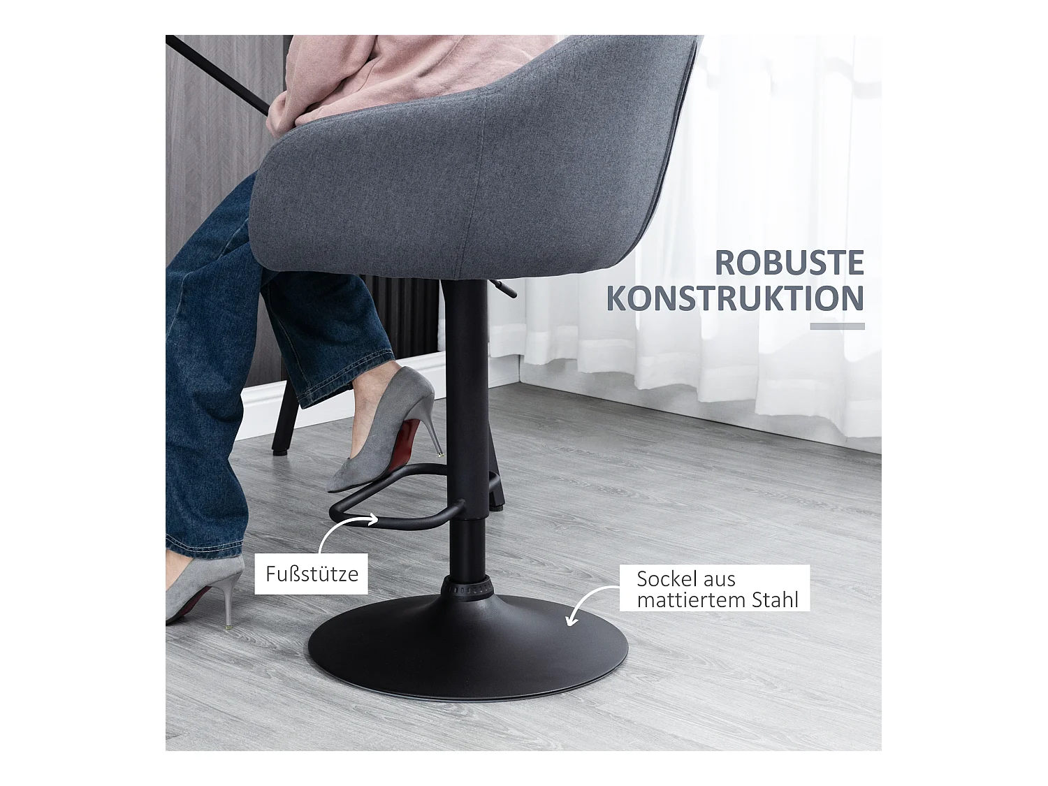 Tabouret de bar, réglable en hauteur, avec dossier et repose-pieds, aspect lin, hauteur 112 cm, gris