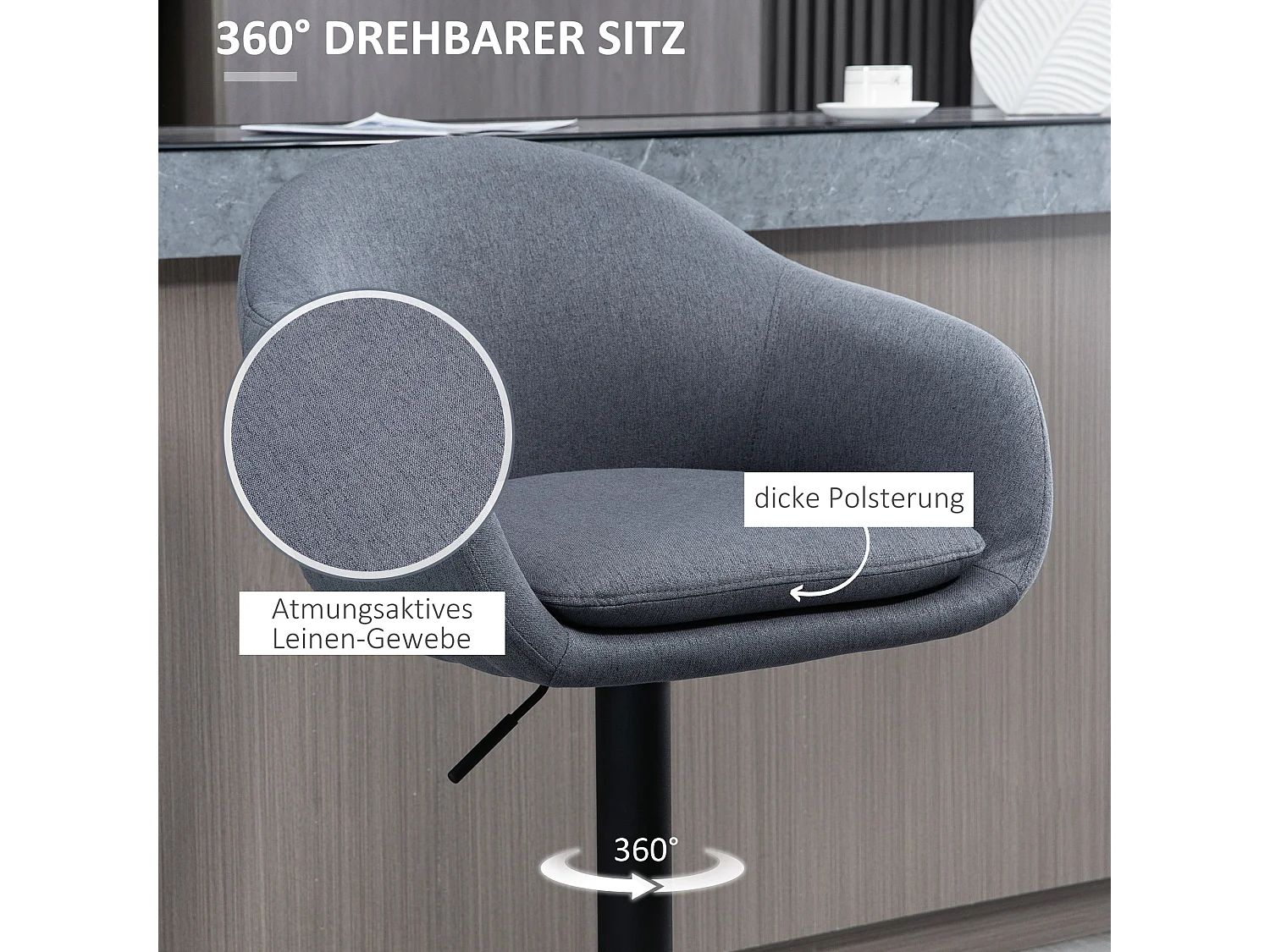 Sgabello da bar, regolabile in altezza, con schienale e poggiapiedi, effetto lino, altezza 112 cm, grigio