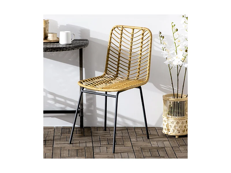 Lot de 2 chaises de salle à manger, chaise de cuisine avec dossier aspect rotin, acier, jaune