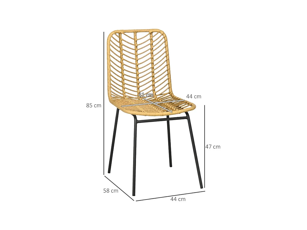 Lot de 2 chaises de salle à manger, chaise de cuisine avec dossier aspect rotin, acier, jaune