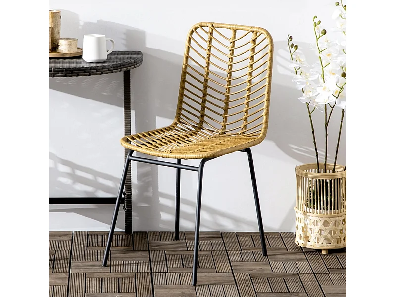 Lot de 2 chaises de salle à manger, chaise de cuisine avec dossier aspect rotin, acier, jaune