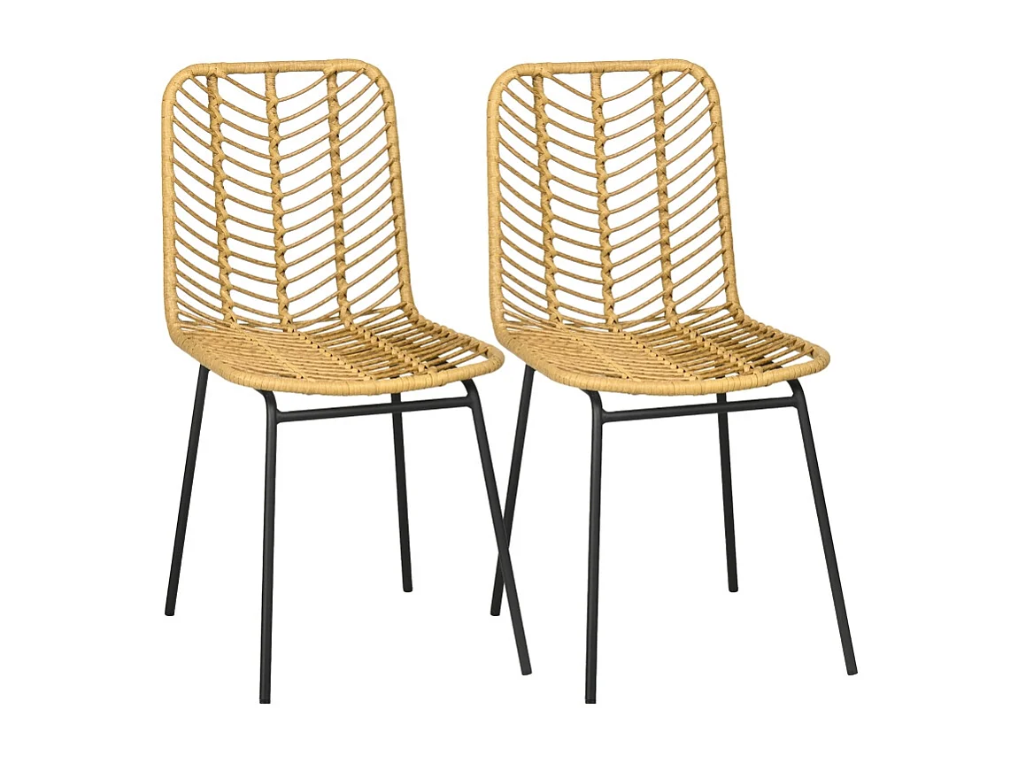 Lot de 2 chaises de salle à manger, chaise de cuisine avec dossier aspect rotin, acier, jaune