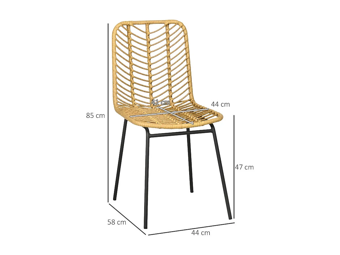 Lot de 2 chaises de salle à manger, chaise de cuisine avec dossier aspect rotin, acier, jaune