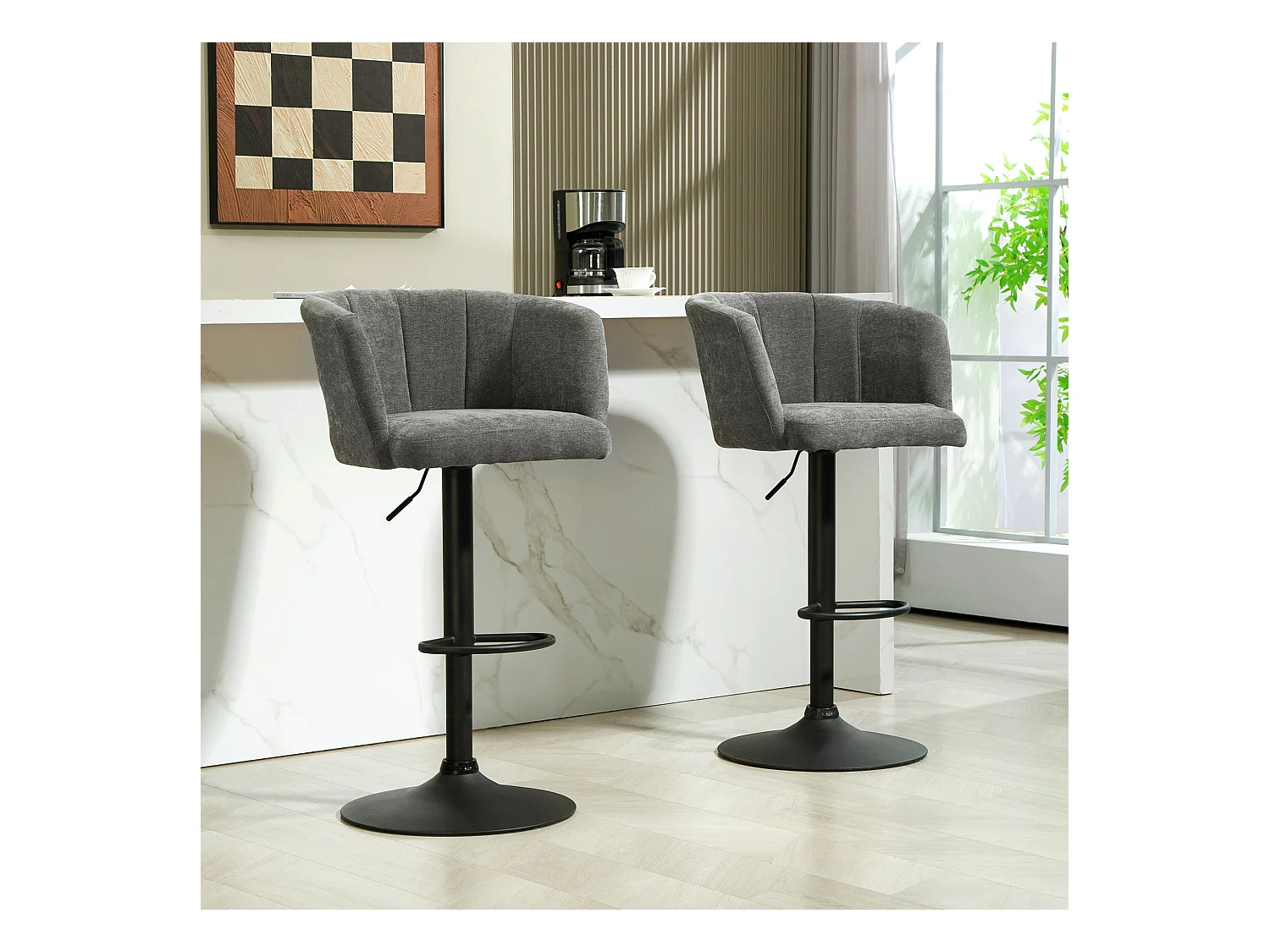 Lot de 2 tabourets de bar, tabouret de bistrot avec repose-pieds, pivotant, réglable en hauteur, revêtement en lin, gris foncé