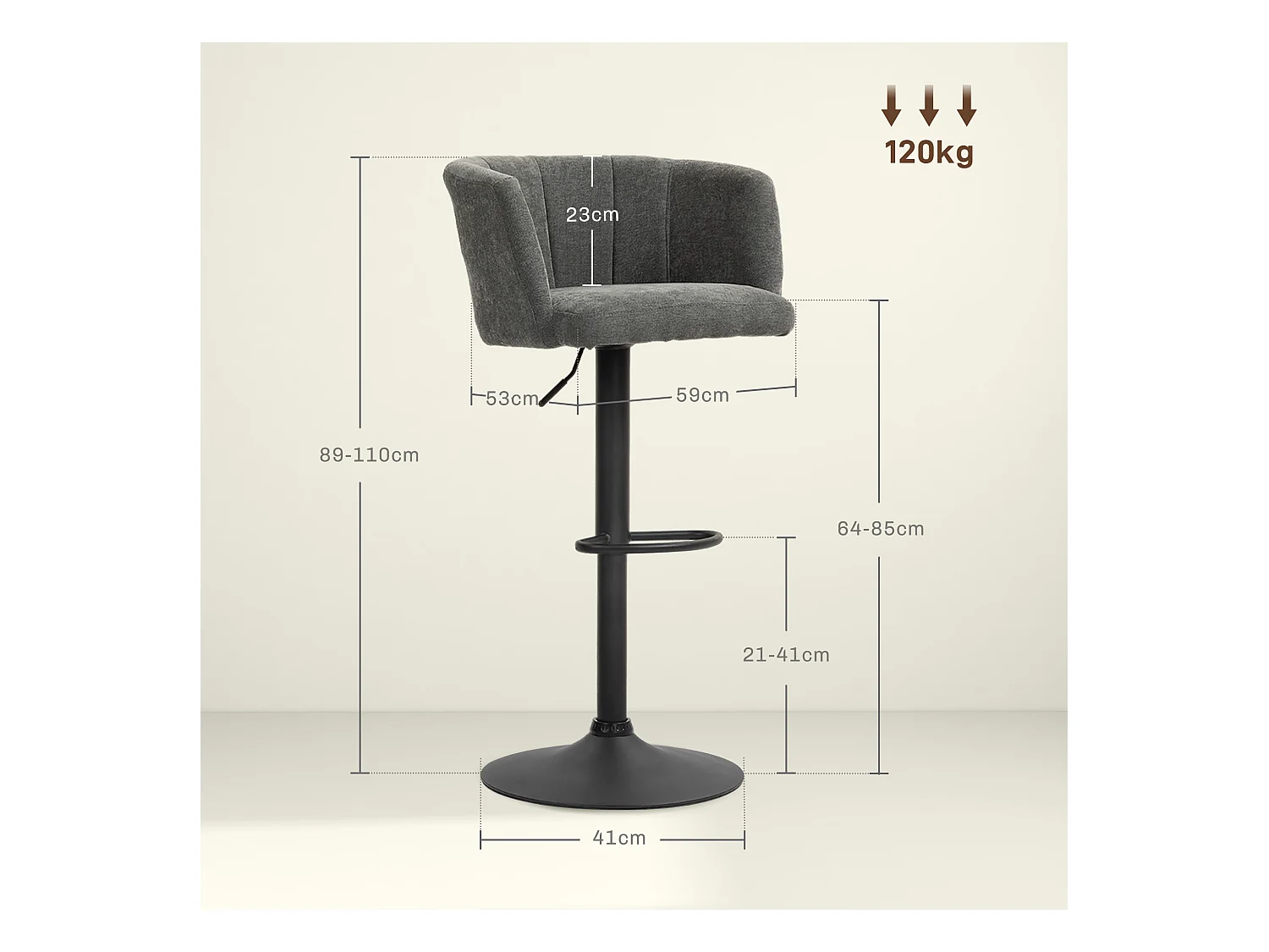 Lot de 2 tabourets de bar, tabouret de bistrot avec repose-pieds, pivotant, réglable en hauteur, revêtement en lin, gris foncé