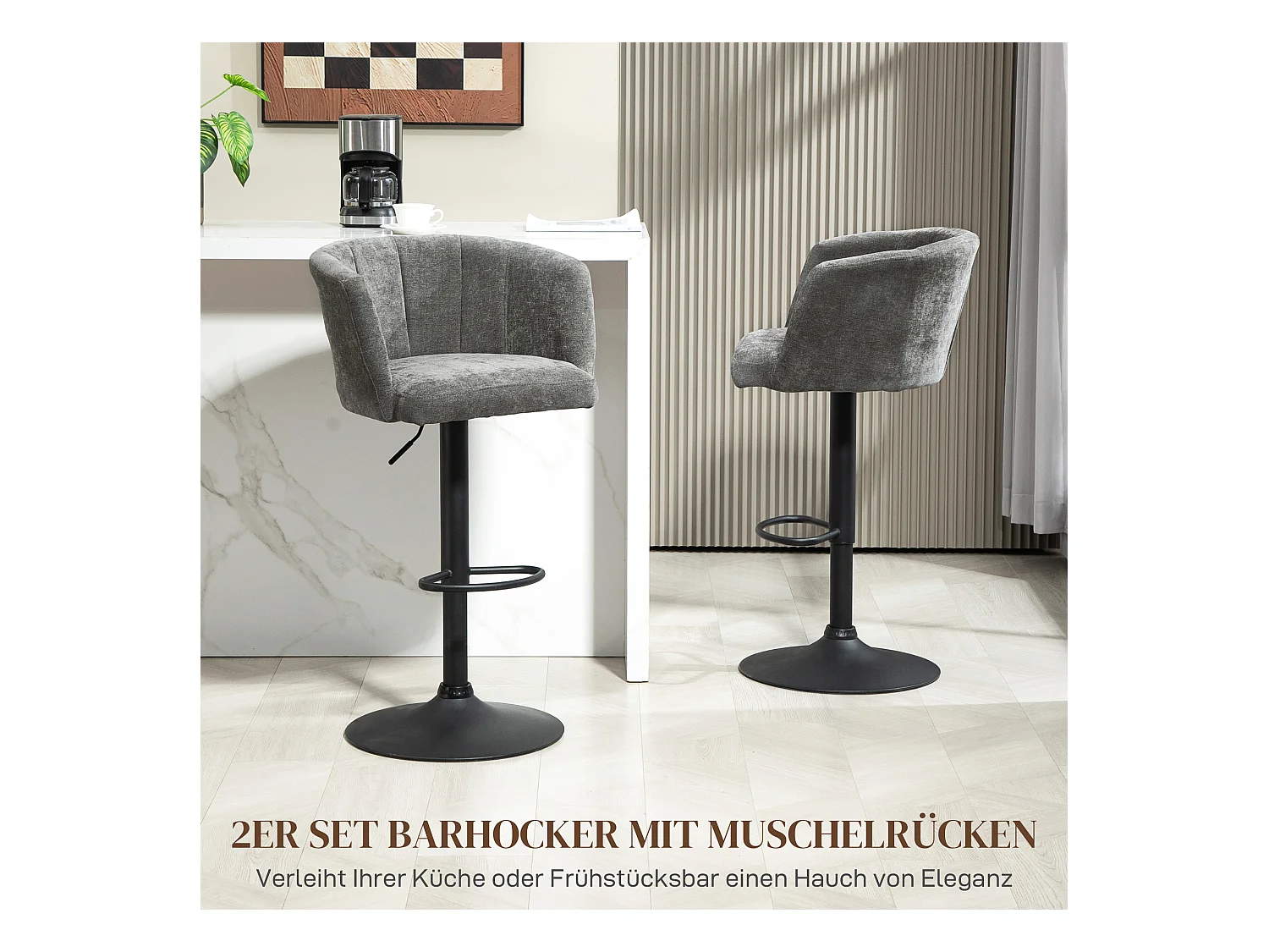 Lot de 2 tabourets de bar, tabouret de bistrot avec repose-pieds, pivotant, réglable en hauteur, revêtement en lin, gris foncé