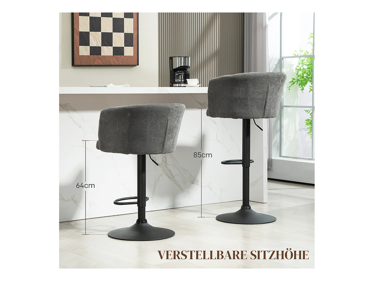 Lot de 2 tabourets de bar, tabouret de bistrot avec repose-pieds, pivotant, réglable en hauteur, revêtement en lin, gris foncé