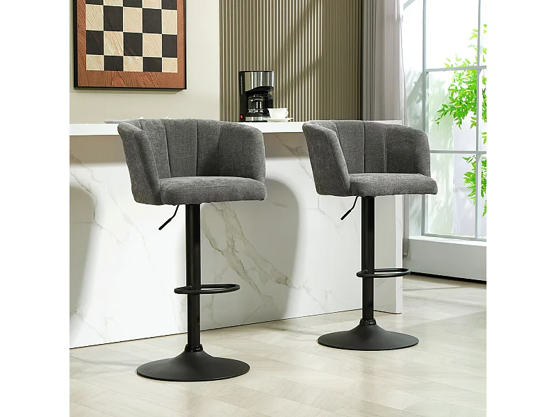 Lot de 2 tabourets de bar, tabouret de bistrot avec repose-pieds, pivotant, réglable en hauteur, revêtement en lin, gris foncé