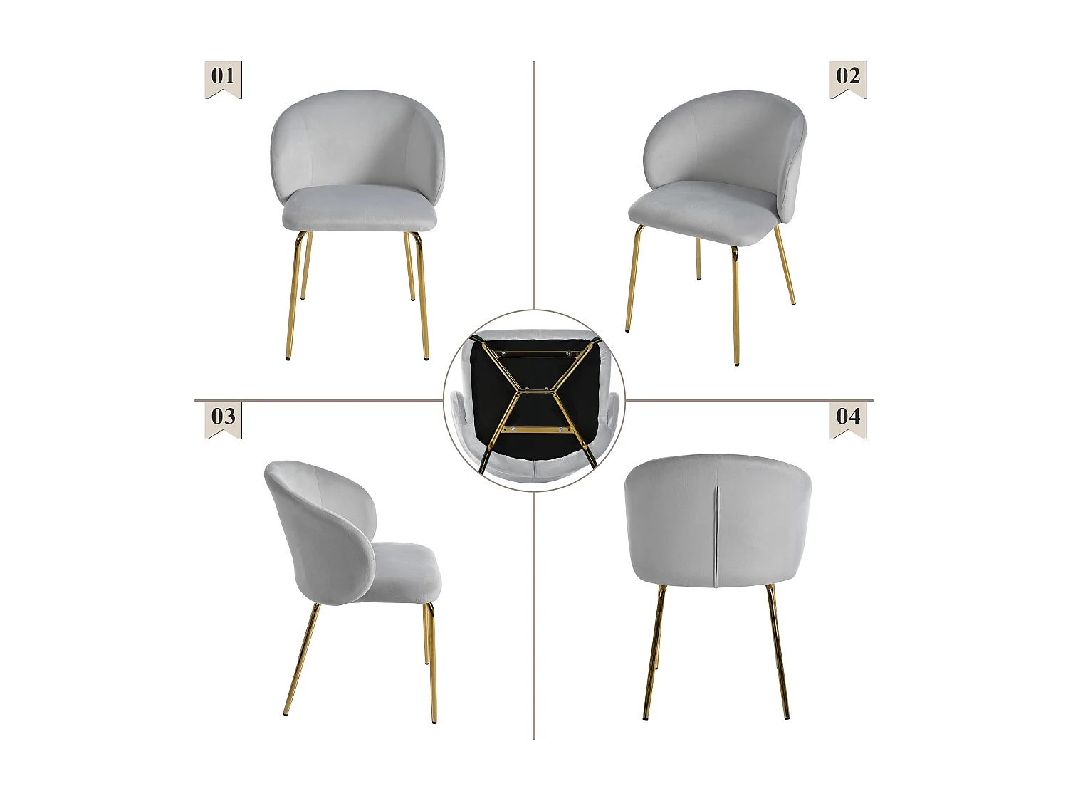 Lot de 2 chaises de salle à manger élégantes avec revêtement en velours, accoudoirs, pieds en métal doré, gris