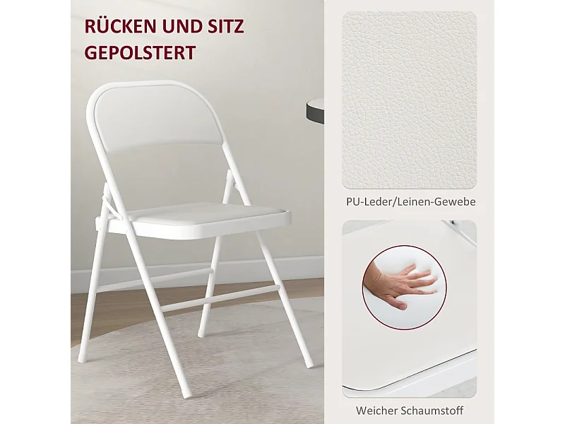 Lot de 4 chaises pliantes, chaises de bureau portables avec coussins en similicuir, pieds en acier, pour réception, salle d'attente, blanc